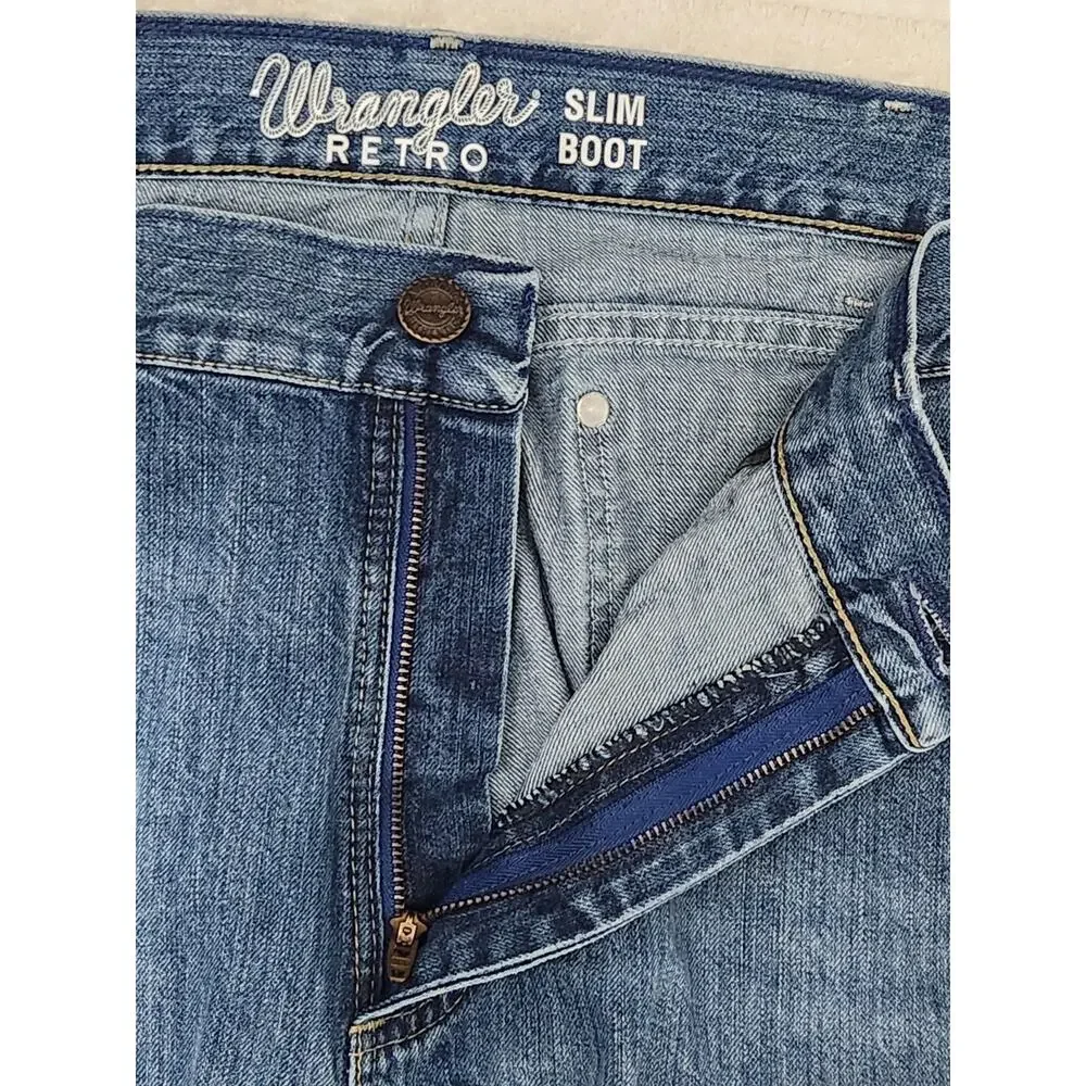 Wrangler Retro Slim Boot Jeans Mens 36x38 Blue Denim Western Cowboy Straight Leg